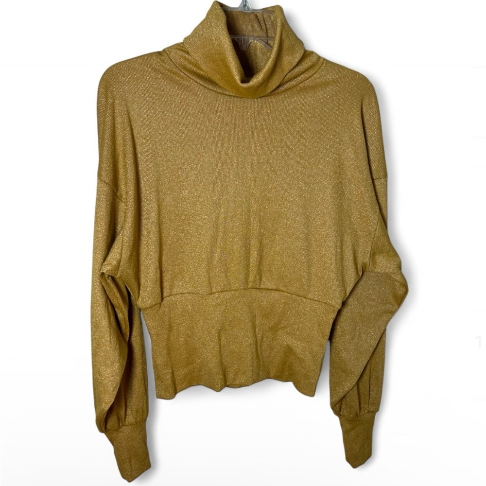 We The Free Gold Glitter Turtleneck Cropped Knit Pullover Sweater Size XS